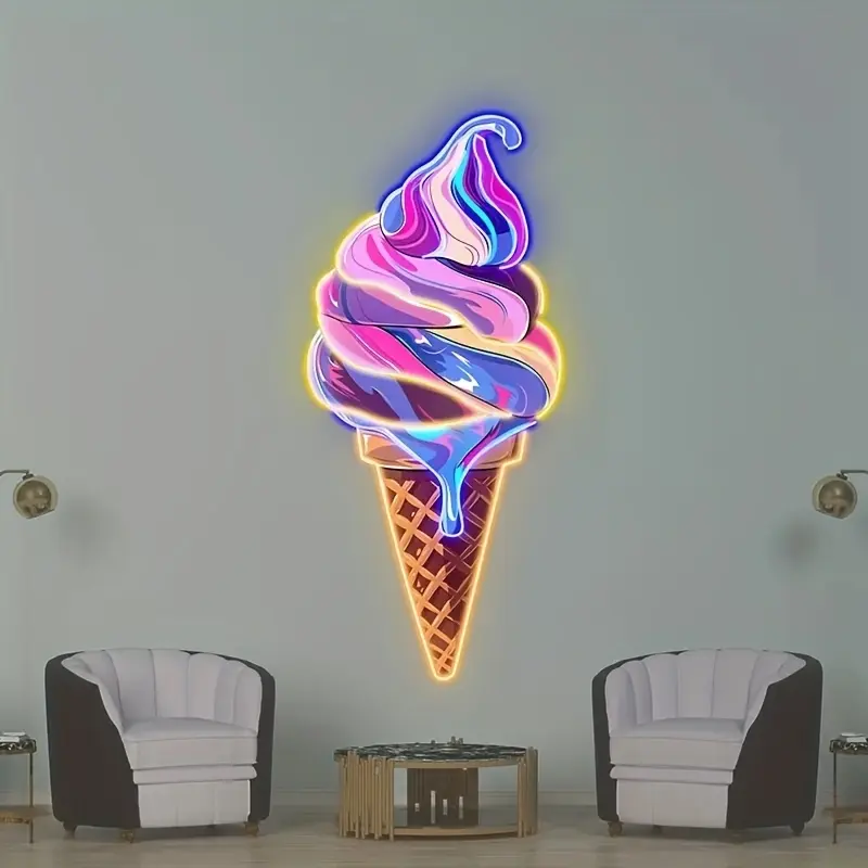 Ice Cream Cone LED Neon Wall Sign, Pink Blue Purple Swirl Design, USB Powered with Switch, Easy Install Plug & Play Neon Light, Decor Lighting, Decorative Light Decor, Wall Art for Ice Cream Parlor, Bakery, Dessert Shop Decoration