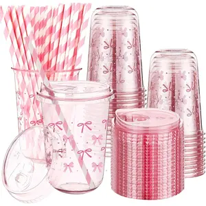 50 Sets  Bow Clear Plastic Cups with  & Straws 16 oz Bow Party Tumblers for Iced Coffee, Smoothies, Juice &  Cute Disposable Pet Mugs for Birthdays & Gatherings