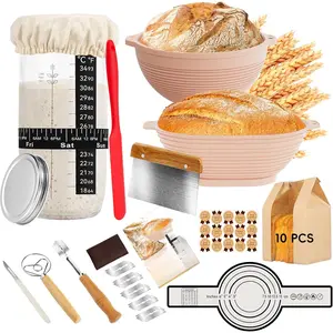 Sourdough Starter Kit, 24 count Sourdough Bread Baking Supplies,  Banneton Bread Proofing Basket Set of 2, Sourdough Starter Kit Beginners with 10 count Bread Bags for Baking Lovers