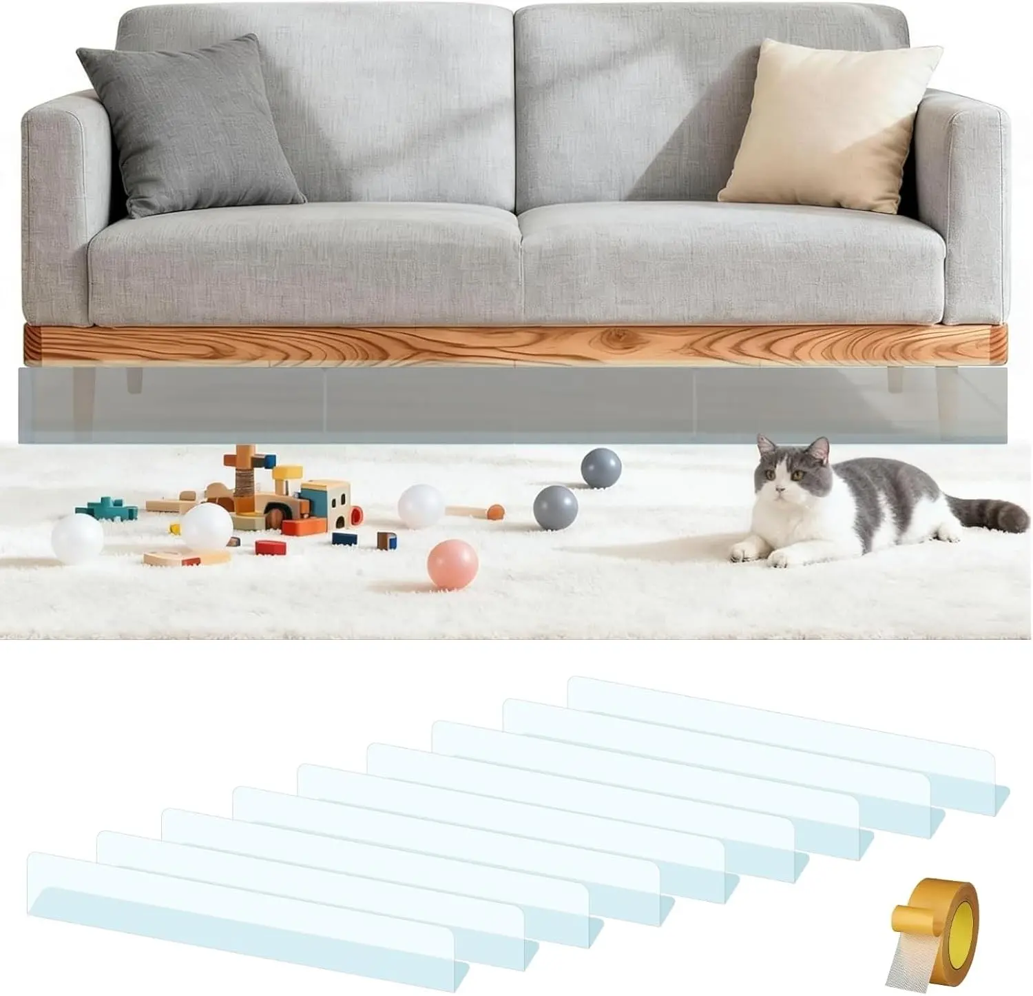18-Pack Bulk Multi-Size Under Furniture Blocker, Residue-Free Pet Blocker for Couch & Bed, Length-Adjustable, Easy to Install with Special Tape, Prevents Items From Sliding Under (2.4" H), Bulk Pack
