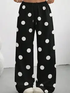 Women's Casual Long Pants, Polka Dot Loose Straight Leg Sporty Pants, Perfect for Outdoor, Home, Dating Wear