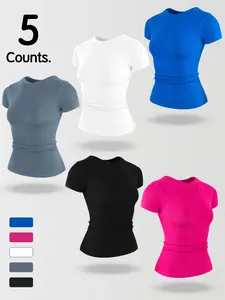 Women's Solid Color Round Neck Versatile Fitness Yoga Top, Gym Workout Tops, High Stretch Comfortable Breathable Sporty Shirt for Gym Running Hiking