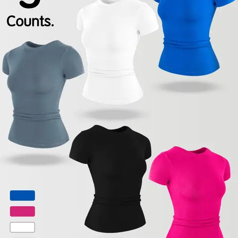 Women's Versatile Solid Color Round-Neck Fitness Yoga Tee, Workout Top, High-Stretch Comfortable Breathable Clothes, Sporty T-Shirt, Athletic T Shirts for Gym, Running and Hiking