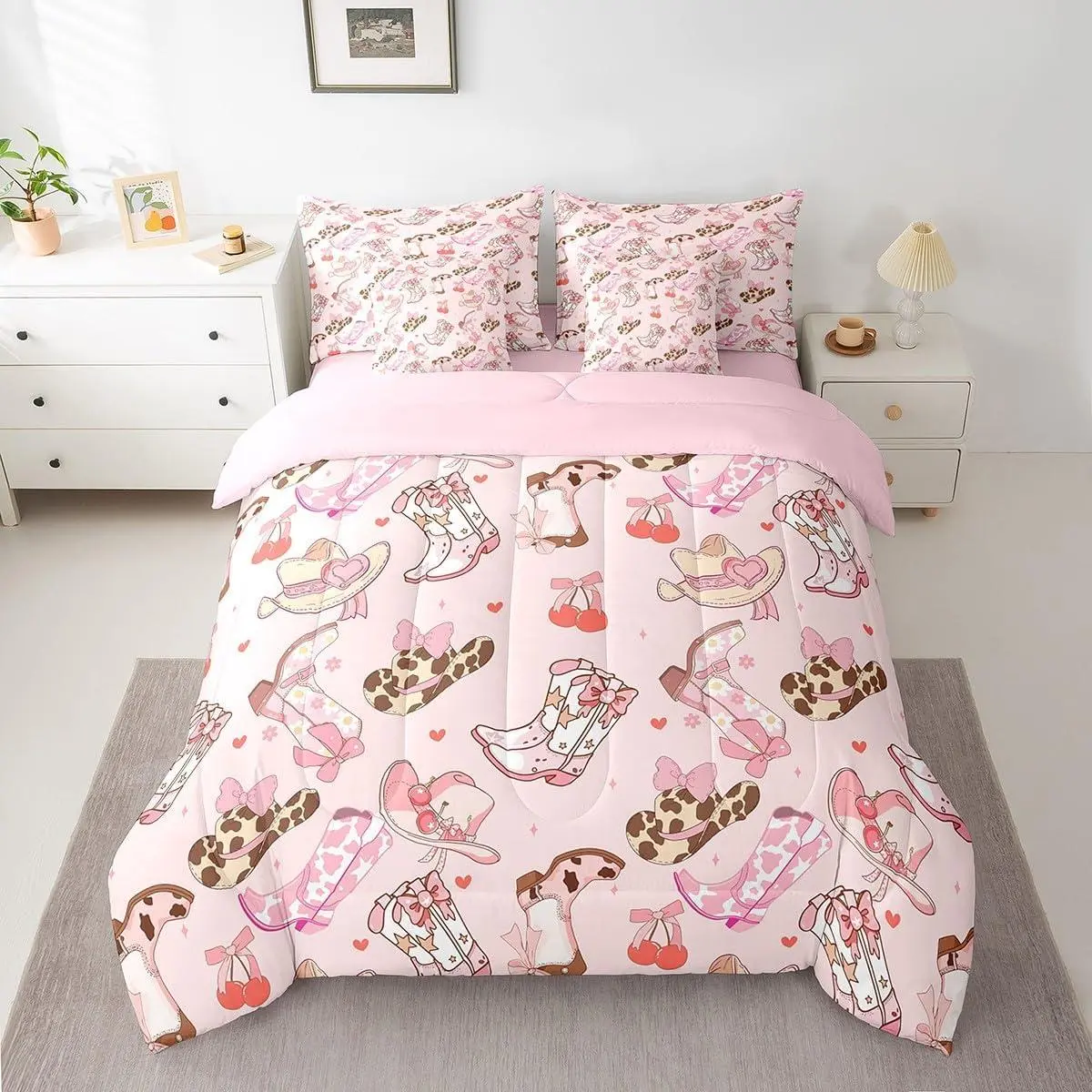 Western Decor Comforter Set with Sheets Cheery Bowknot Bed in a Bag Set for Boys Girls Teens Rodeo Cowboy Style 7 Pieces Bedding Set Wild Western Cowboy Bed Set Pink