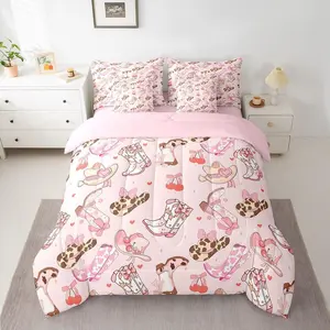 Western Decor Comforter Set with Sheets Cheery Bowknot Bed in a Bag Set for Boys Girls Teens Rodeo Cowboy Style 7 Pieces Bedding Set Wild Western Cowboy Bed Set Pink