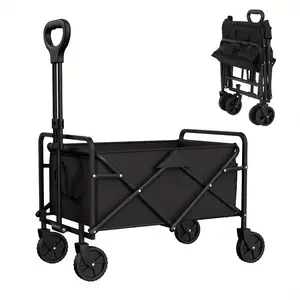 1 Piece Heavy Duty Folding Beach Trolley with Brake-Large Capacity, Foldable, Portable Multi-Function Trolley, Suitable for Outdoor Sports, Garden and Camping-Sturdy, Waterproof, Easy to Assemble, Black Ribbon Pockets and Black/Beige without Pockets