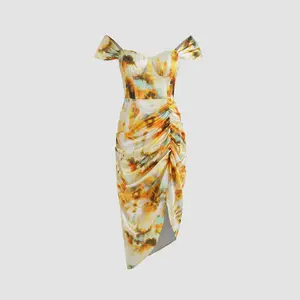Cider [3 colors, size 2-26] Illusion Tie Dye Ruched Midi Dress