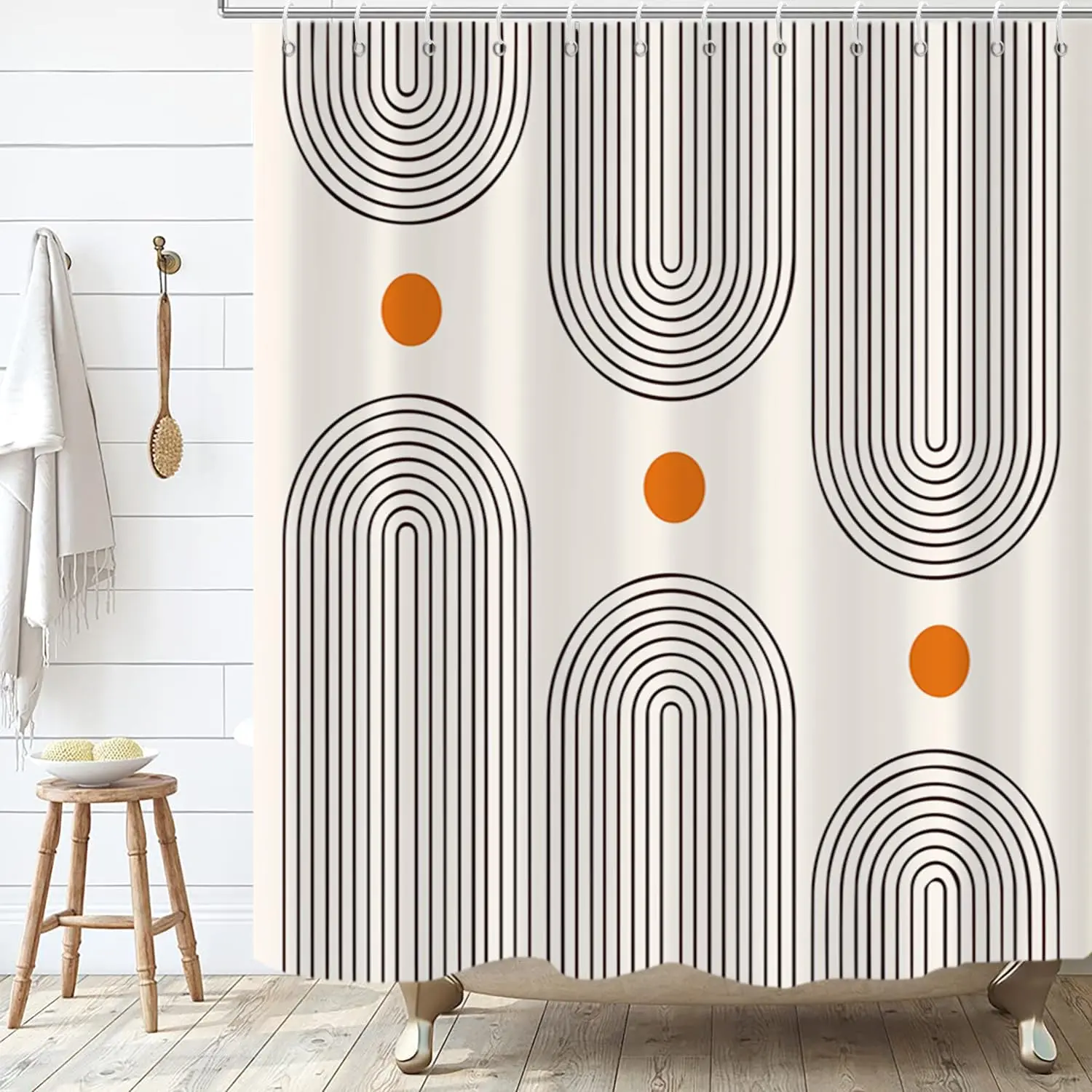 Boho Mid Century Shower Curtain, Modern Abstract with Hooks 72x72 | Quick Dry, Machine Washable, Waterproof Fabric, Rustproof Grommets, for Bathroom Bathtub Decor, Cream