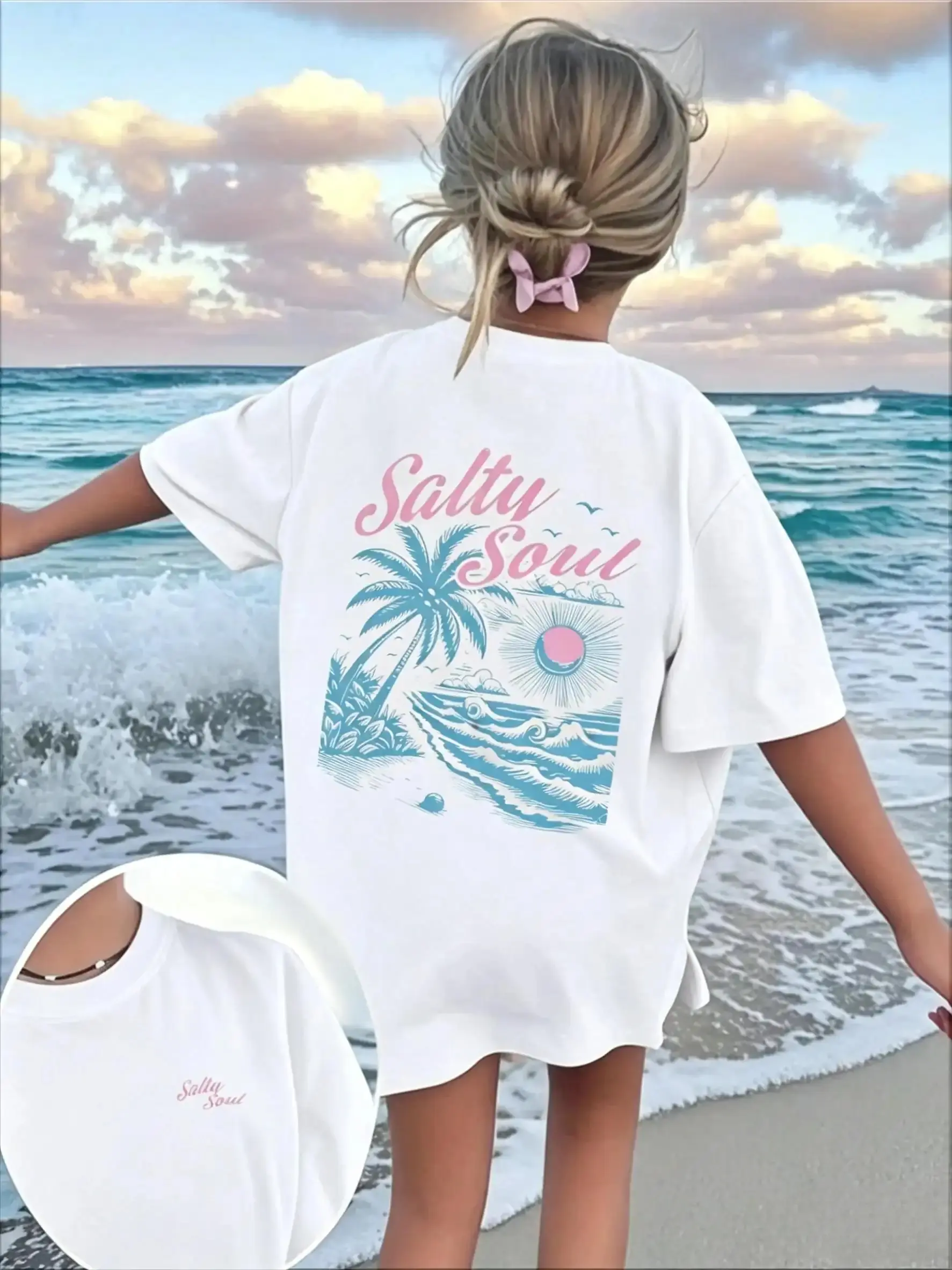 Women's Printed Unisex Oversized Tshirt Apparel - Salty Soul Coconut Tree Beach Print, Vintage Letter Design, Crewneck Short Sleeve, Soft Breathable Cotton, Loose Fit, Casual Summer Streetwear for Vacation Daily Wear