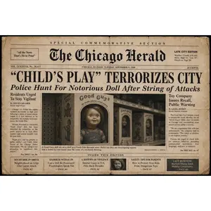 Chucky Horror Poster Vintage Newspaper Style Child’s Play Terrorizes City Print 13x19 200 gsm Matte Finish Retro Horror Decor