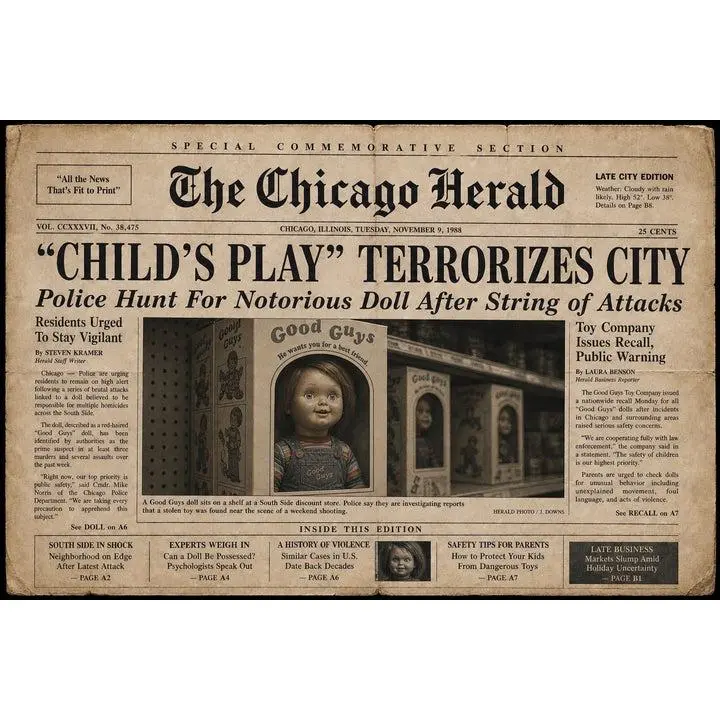 Chucky Horror Vintage Newspaper Style Poster - Child’s Play City Terror Print, 13x19" 200 gsm Matte Paper Halloween Wall Decoration, Retro Home Decor