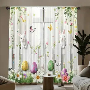 2 Piece Easter Bunny and Egg Insulated Thermal Curtains, Easy Installation Rod Pocket Design for Light Filtering, Spring Floral Theme for Bedroom and Living Room