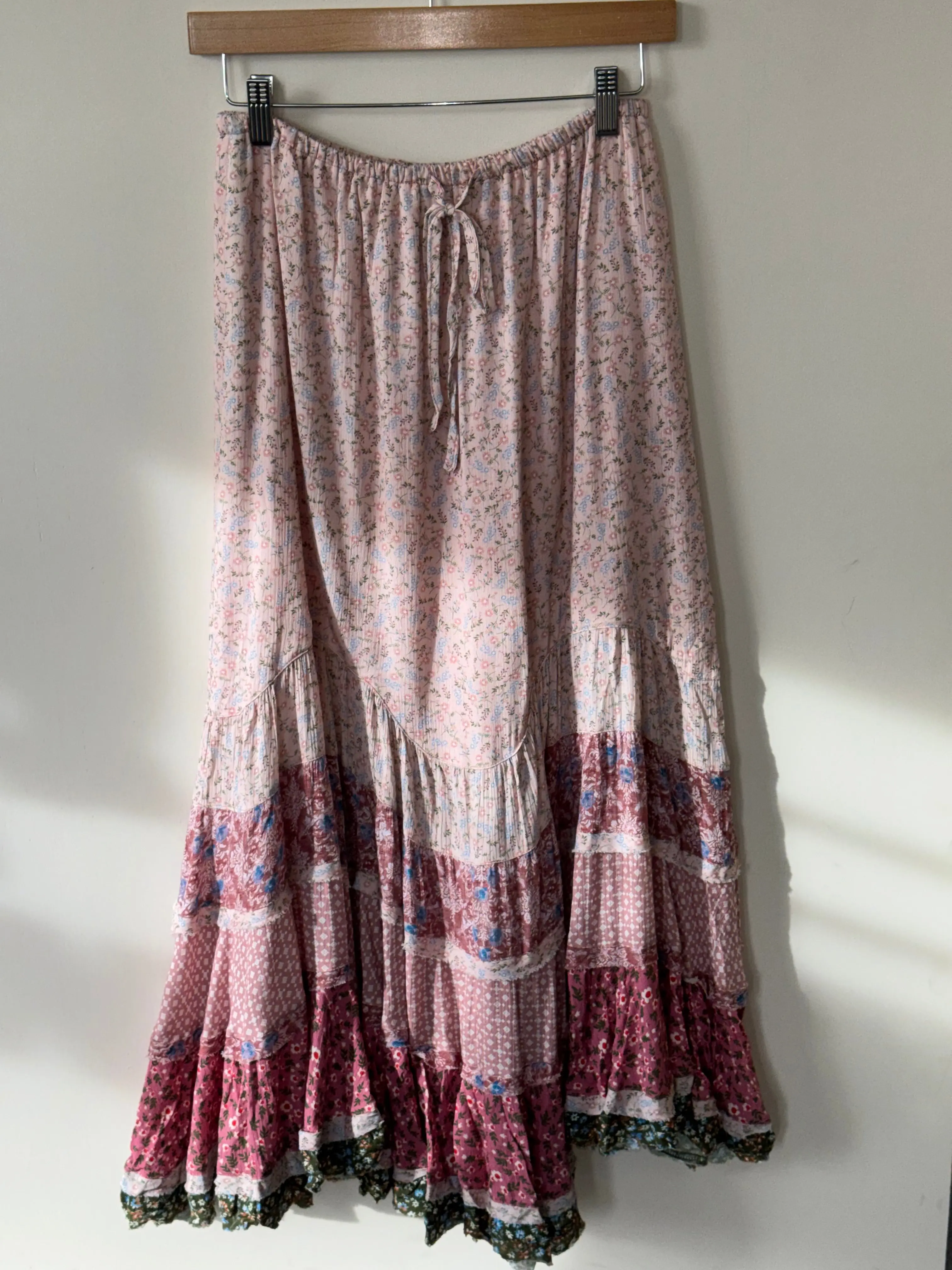 Mustard Seed - Pink/Multi-color Wavy Tiered Maxi Skirt w/ Drawstring