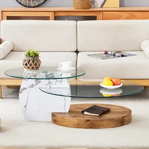 Contemporary Artistic Double-Layer Coffee Table - White Marble & Wood Grain Design, Tempered Glass Top, Included Anti-Slip Pads