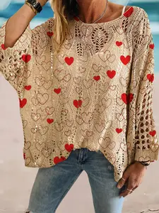 Women's Heart Print Long Sleeve Knit Top, Casual Elegant Vacation Style Sweater, Casual Cozy Pullover, Loose Batwing Shoulders, Spring & Fall Fashion
