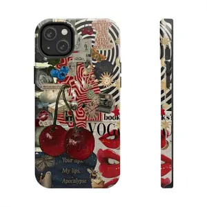 Cherry Pop Art Collage Phone Case – Vintage Lips, Cherries, Sun & Moon, Butterflies, and Retro Newspaper Print – Compatible with iPhone 7–16, Samsung Galaxy S21–S24, Google Pixel – Aesthetic Protective Cover Gift for Her