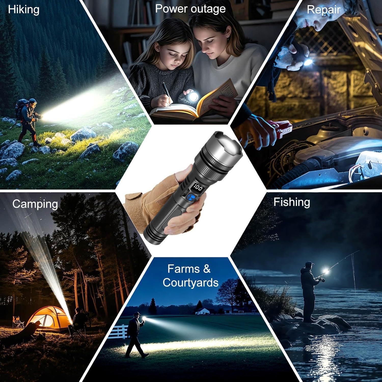 2-in-1 Rechargeable Flashlight + Power Bank,  High Lumen Super Bright, Zoomable Beam LCD Digital Power Display 3 Modes Pocket Waterproof Flashlight for Camping Hiking Home