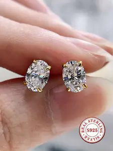 S925 Sterling Silver Oval Moissanite Stud Earrings | 1ct D Color Sparkling 4-Prong Gold-Plated CZ Earrings for Women | Hypoallergenic Bridal/Party Jewelry Gift Studs Earrings