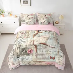 7 Pieces Ballerina Girl Comforter Set,Pink Flower Butterfly Bedding Set for Kids Princess,Retro Musical Dancer Bed in a Bag with Comforter,Fitted Sheet,Flat Sheet and Pillowcases