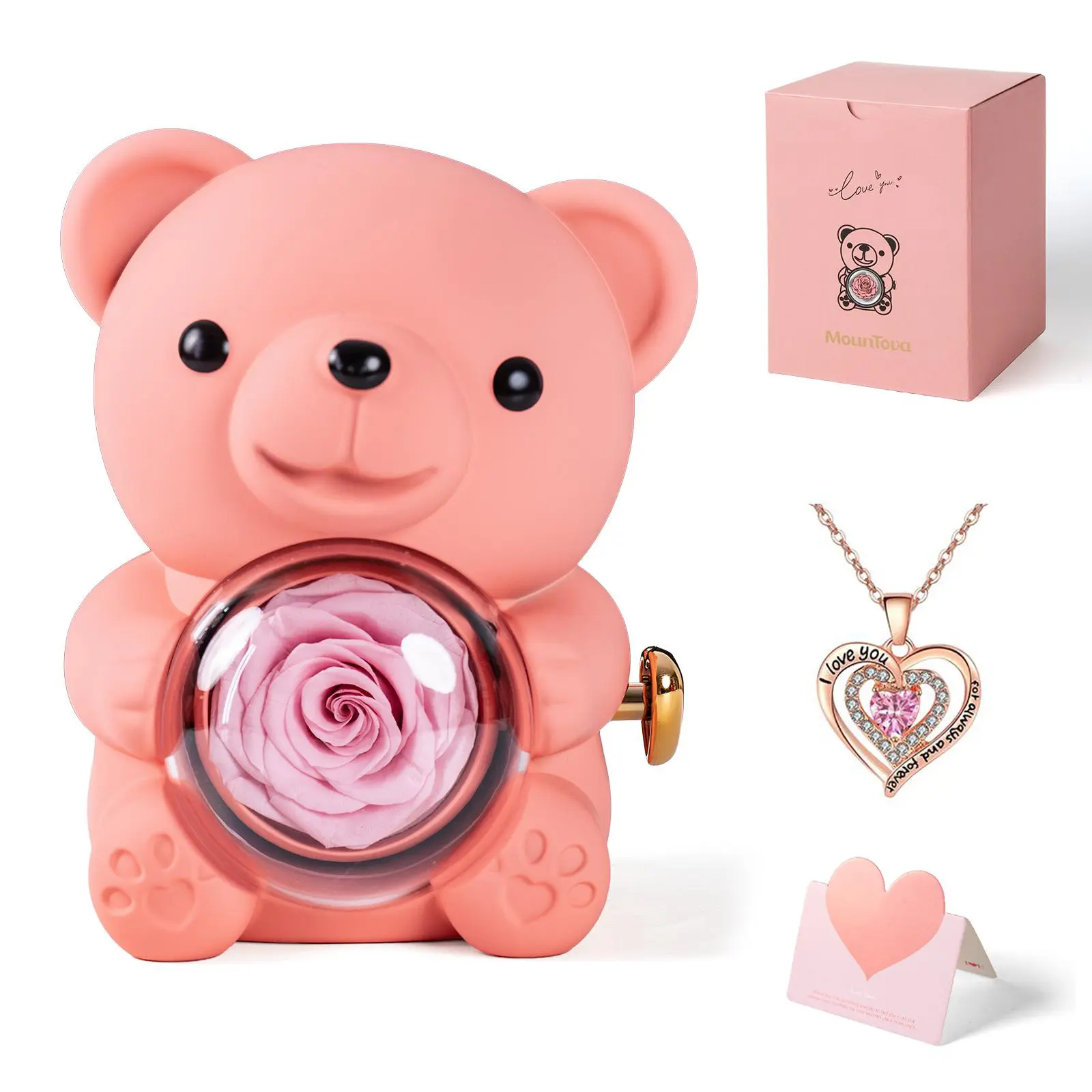 Pink rose bear+necklace+gift box+card