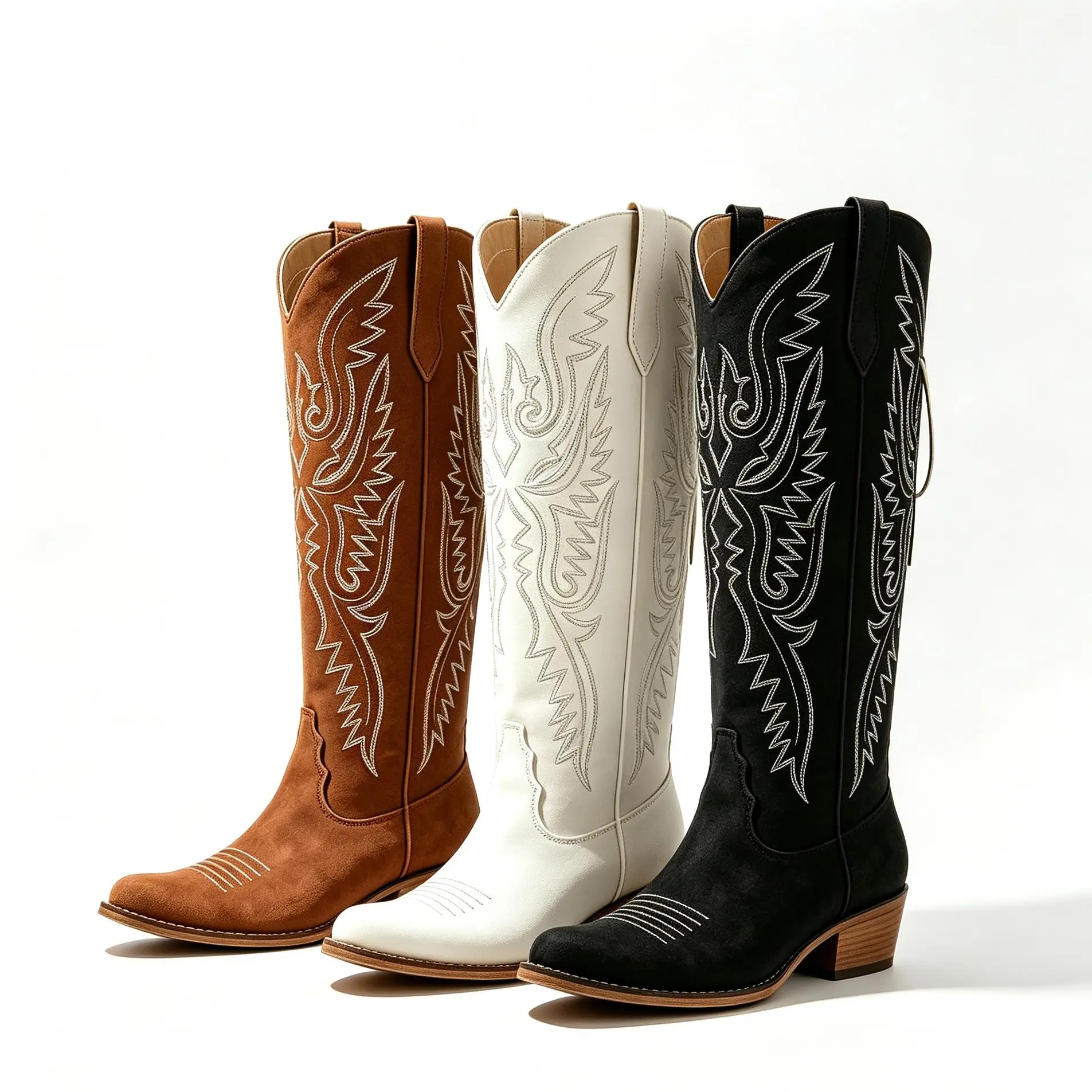 Women’s White Knee High Cowboy Boots Embroidered Western Boots Pointed Toe Block Heel Side Zip Wide Calf