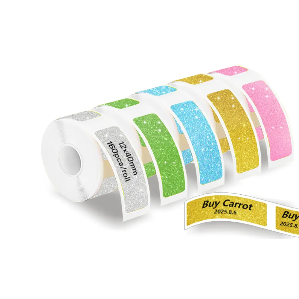 5 Rolls 12*40mm Glittering Waterproof Sticky Thermal Label Stickers, Self-Adhesive, Compatible with Marklife P15 P12 P11 D30 Q30S Label Printers, Waterproof Labels, Sticky Labels