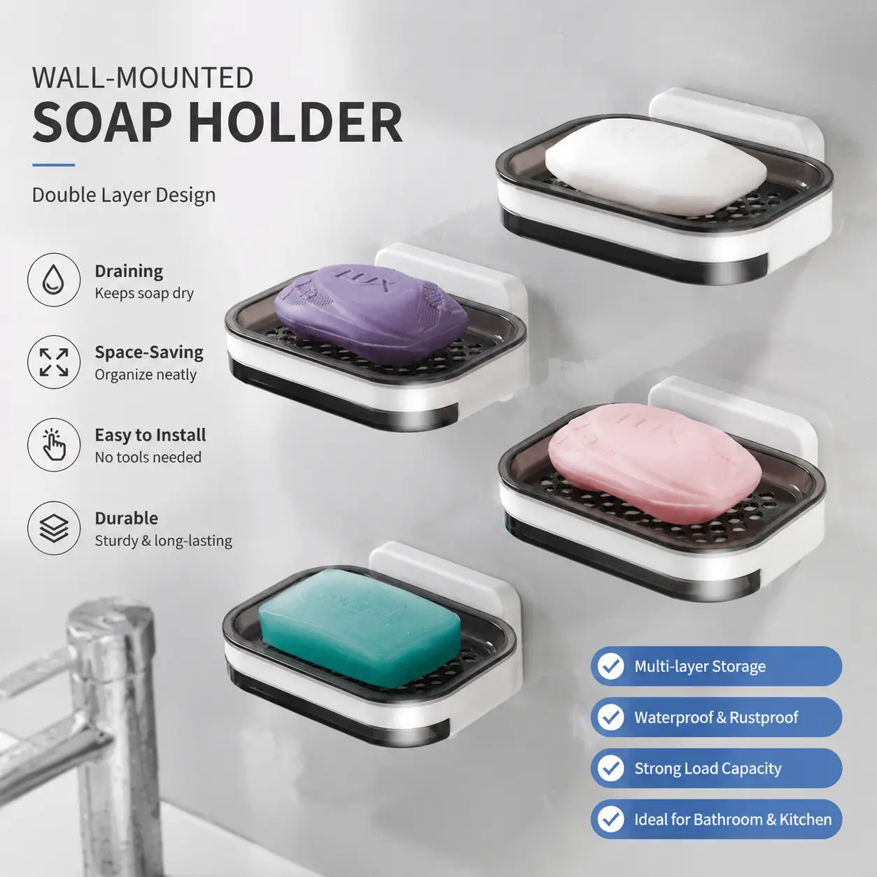 1 Count Wall Mounted Soap Dish, Double Layer Perforated Drainage Tray for Bathroom and Kitchen Shower Storage