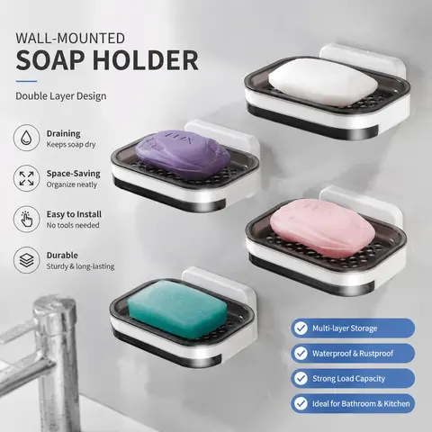 Wall Mounted Double-Layer Self Draining Soap Dish - Bathroom Accessory, Perforated Drain Organiser, 1-Count Tray with Drip & Slide Prevention, Adhesive-Free, Space-Saving for Bathroom, Shower Storage