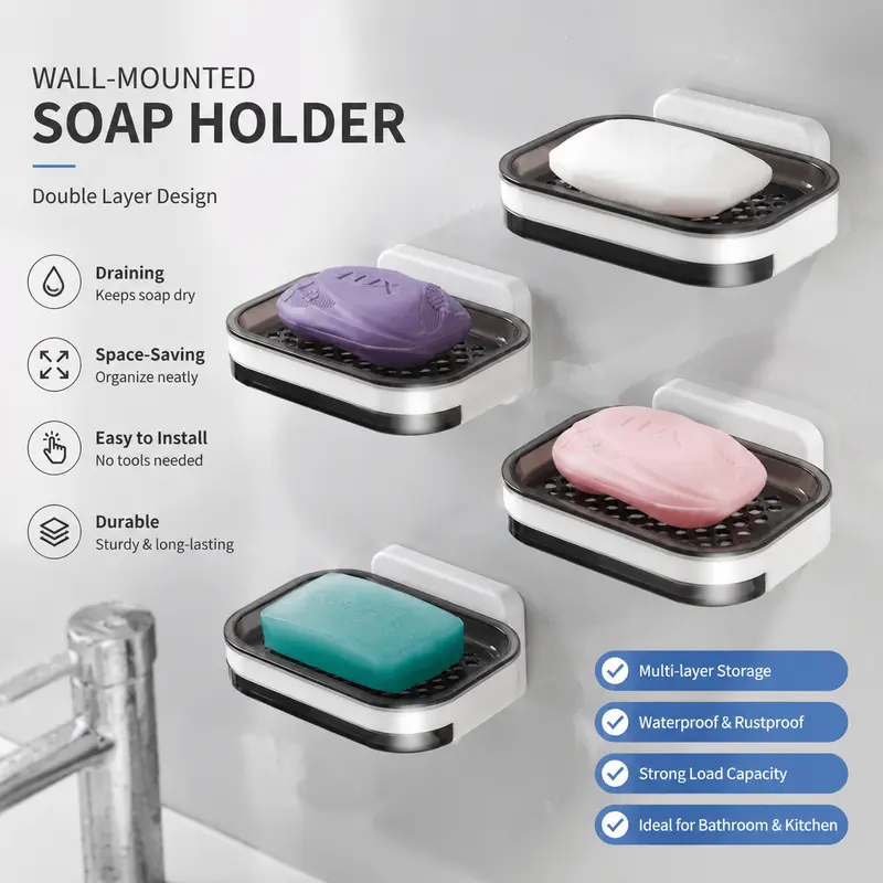 Wall Mounted Double-Layer Self Draining Soap Dish - Bathroom Accessory, Perforated Drain Organiser, 1-Count Tray with Drip & Slide Prevention, Adhesive-Free, Space-Saving for Bathroom, Shower Storage