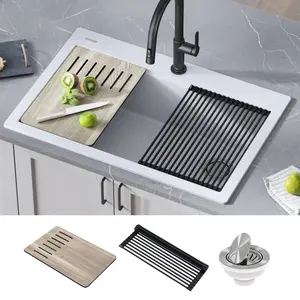 212 MAIN 33 in. Rectangular Bellucci Workstation Drop-In Granite Composite Single Bowl Kitchen Sink Complete Kit - Granite Material, Integrated Ledge, Includes Accessories, White