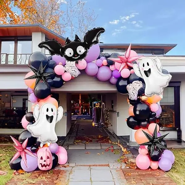 122 PCS Halloween Balloon Garland Arch Kit Pink Black Purple with Cute Bat Balloons for Girls Happy Birthday Baby Shower Birthday Day Party Supplies Decorations
