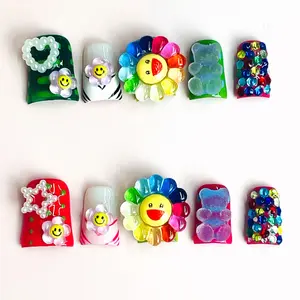 DiDazzle 10 PCS Handmade Duckbill Press-on Nails FlowerSmileyGlam with Acrylic 3D Flower Accents Smiley Details & Rhinestone Clusters Cute Nail Art