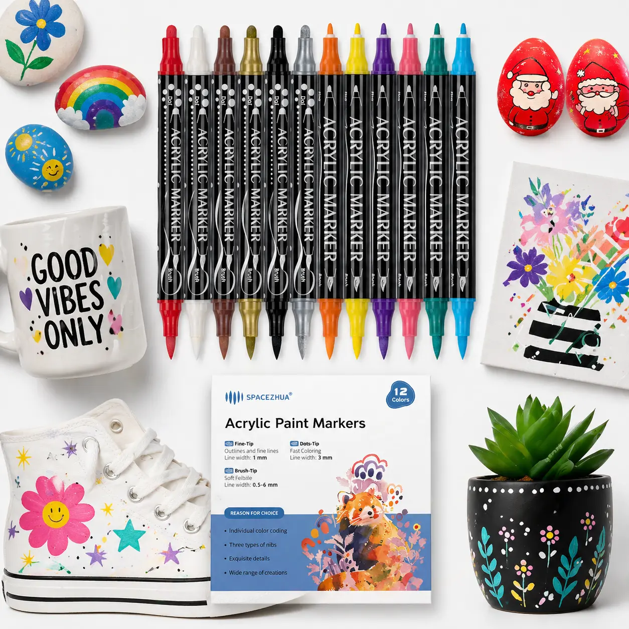 Acrylic Paint Markers, Brush + Fine Paint Pens | Fabric Markers for Rock Glass Wood DIY, Ideal Mothers Day Gifts, Teacher Appreciation Gifts, Art Supplies & Crafts for Adults