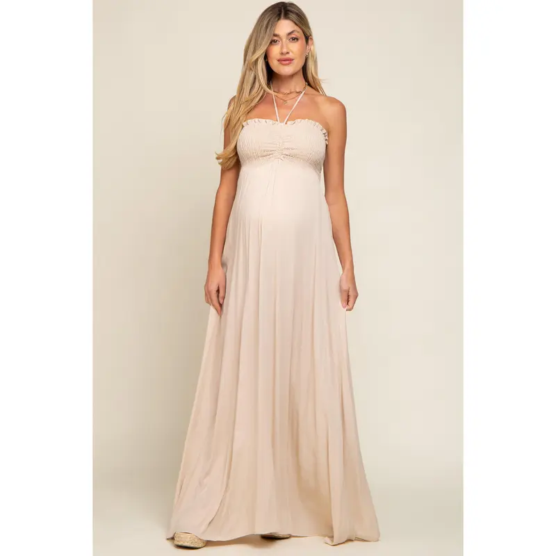 maternity beige dress Josie 100% Cotton Maxi Dress in Beige (Lined) main image 0