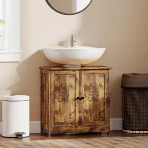 Bathroom Vanity Cabinet Under Sink with 2 Doors Adjustable Shelf Rustic Brown U-Shaped Design for Pedestal or Wall-Mounted Sinks 23.5" L x 11.75" W x 23.5" H