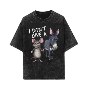 Funny "I Don't Care" Mouse and Donkey Graphic T-Shirt - 180g Cotton Vintage Loose Short Sleeve Crew Neck Casual T-Shirt, Hoodie，Sweatshirt，Washed Cotton T-shirt