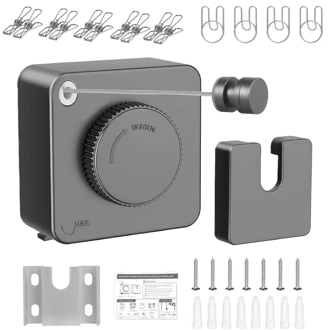Retractable Clothesline Indoor, Non-Sagging Outdoor Clothes Line Retracting Heavy Duty Clothes Drying Laundry Line Wall Mounted Stainless Steel Line-13.8 Feets(Square-Gray) - Home Improvement.