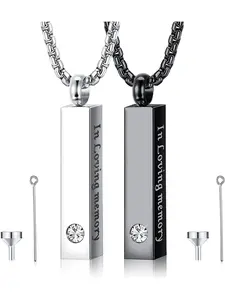 2 Pieces Urn for Ashes Cremation Pendant for Men Women - Black CZ Stainless Steel Memorial Engraved Necklace - Ashes Jewelry Souvenirs