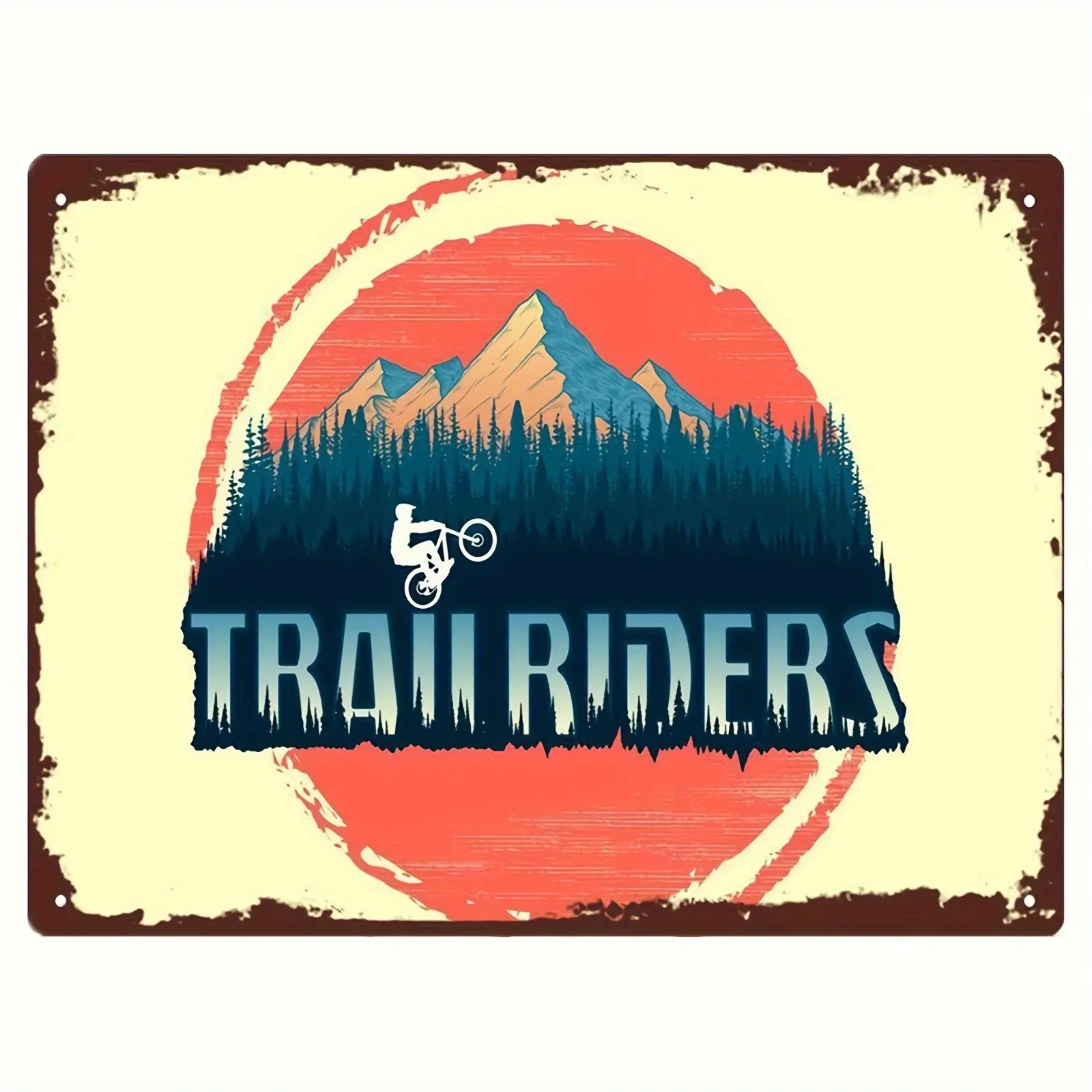 Trailriders Vintage Metal Wall Art, Major Material: Iron, Mountain Bike Poster for Indoor & Outdoor Decor, Durable MTB & Cycling Enthusiast Sign for Home, Office & Cafe Decoration, Pre-Drilled Weather-Resistant Artwork 8x12 inches