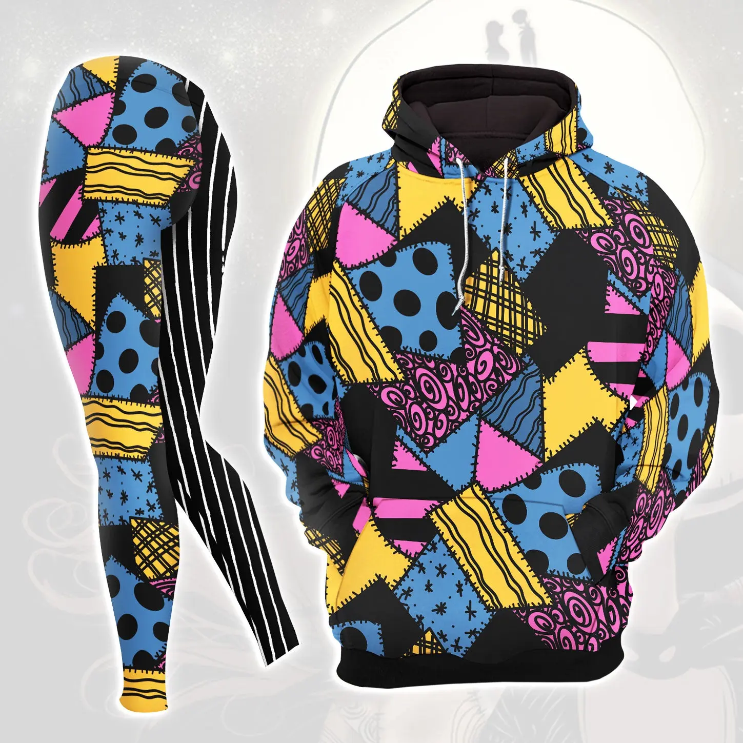 Patchwork Gothic Hoodie and Leggings Set, Colorful Halloween Outfit, Creepy Cute Hooded Sweatshirt, Alternative Fashion Activewear, Cozy Fall Winter Gift