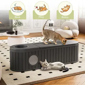 Extra-Long Pet House for Cats/Dogs/Rabbits - Multi-Entrance Indoor Outdoor Pet Bed with Storage & Food Bowl Holder, Waterproof Tool-Free Assembled Pet Cave