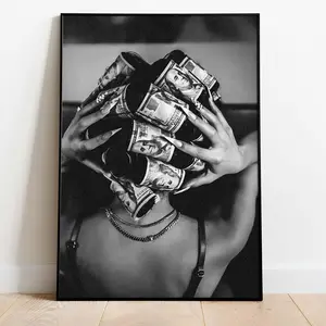 Stylish Luxury Fashion Poster, Woman with Money on the Head, Black And White Art, Wall Decor, Room Decor, Unframed