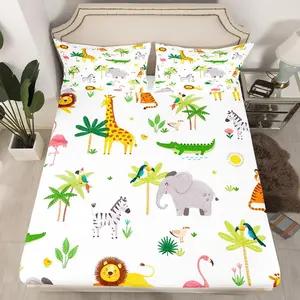Feelyou Microfibre Bedroom Bedding Set - Cartoon Safari Animal Bedsheet Sets, Decorative Jungle Lion Woodland Wildlife Kawaii Flamingo Fitted Sheet & Bed Cover for Twin/Full Sizes