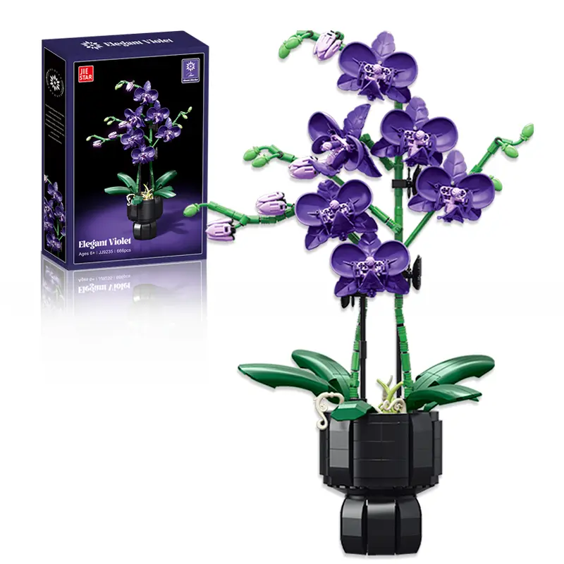 Orchid potted artificial flower building block set, purple orchid blocks with 666 pieces, elegant home decor tabletop ornament for home or office — an ideal gift for women, suitable for birthdays, anniversaries, and Christmas