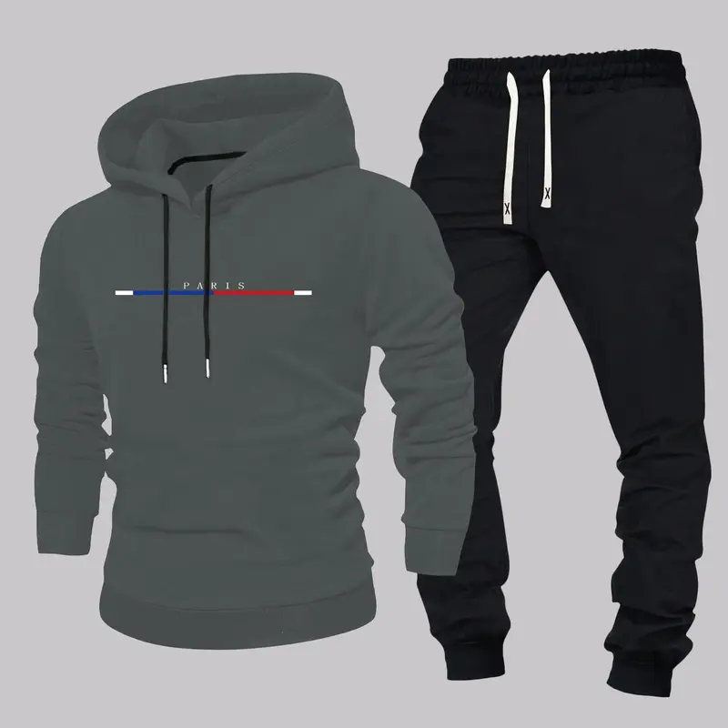Men's Letter Print Zip Up Hoodie & Drawstring Waist Pockets Sweatpants Two-piece Set, Regular Fit Casual Long Sleeve Hooded Sweatshirt & Jogger Pants for Spring & Fall, Men's Two-piece Outfits for Daily Wear