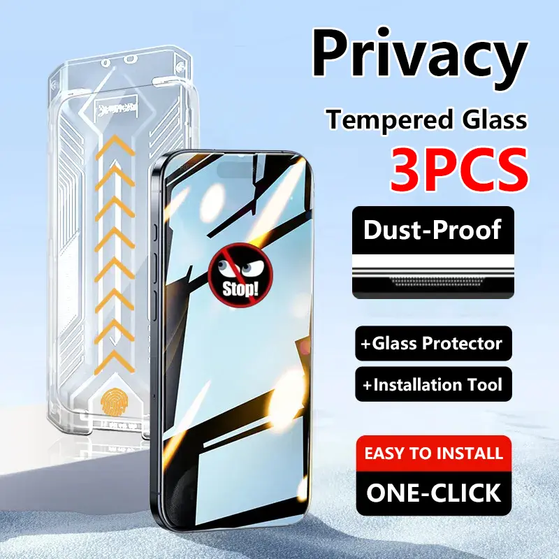 3PCS Full Coverage Privacy Tempered Glass Screen Protector with Install Kit Auto-Alignment Kit Compatible with for iPhone 17 Pro Max/17 Pro/16 Pro Max/16 Pro/16 Plus/16/15 Pro Max/15 Pro/14 Pro/13/12Pro Max, Anti-Fingerprint, Anti-Fall, Anti-Scratch