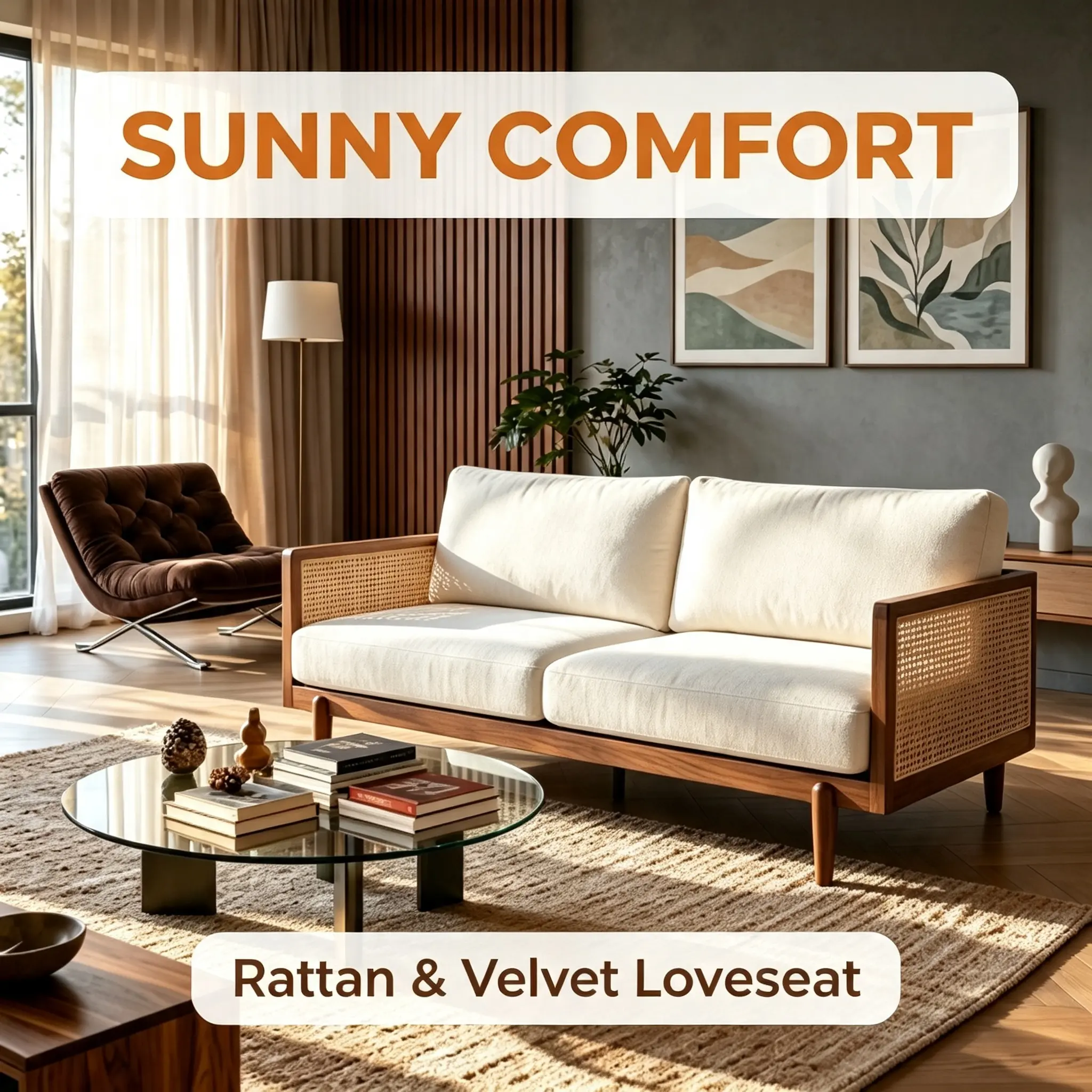 72" Rattan 3-Seat Sofa with Square Arms & High-Rebound Cushion. Boho Accent Couch, Solid Rubberwood Frame, Sturdy Tapered Legs, Boucle Fabric, Living Room Bedroom Furniture, Vintage Charm Modern Comfort.