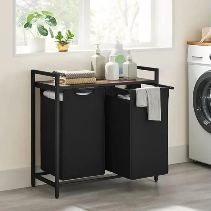 SONGMICS HOME VASAGLE Laundry Sorter with Top Shelf and Pull-Out Bag, Compartment Modern Irregular Laundry Basket Organiser