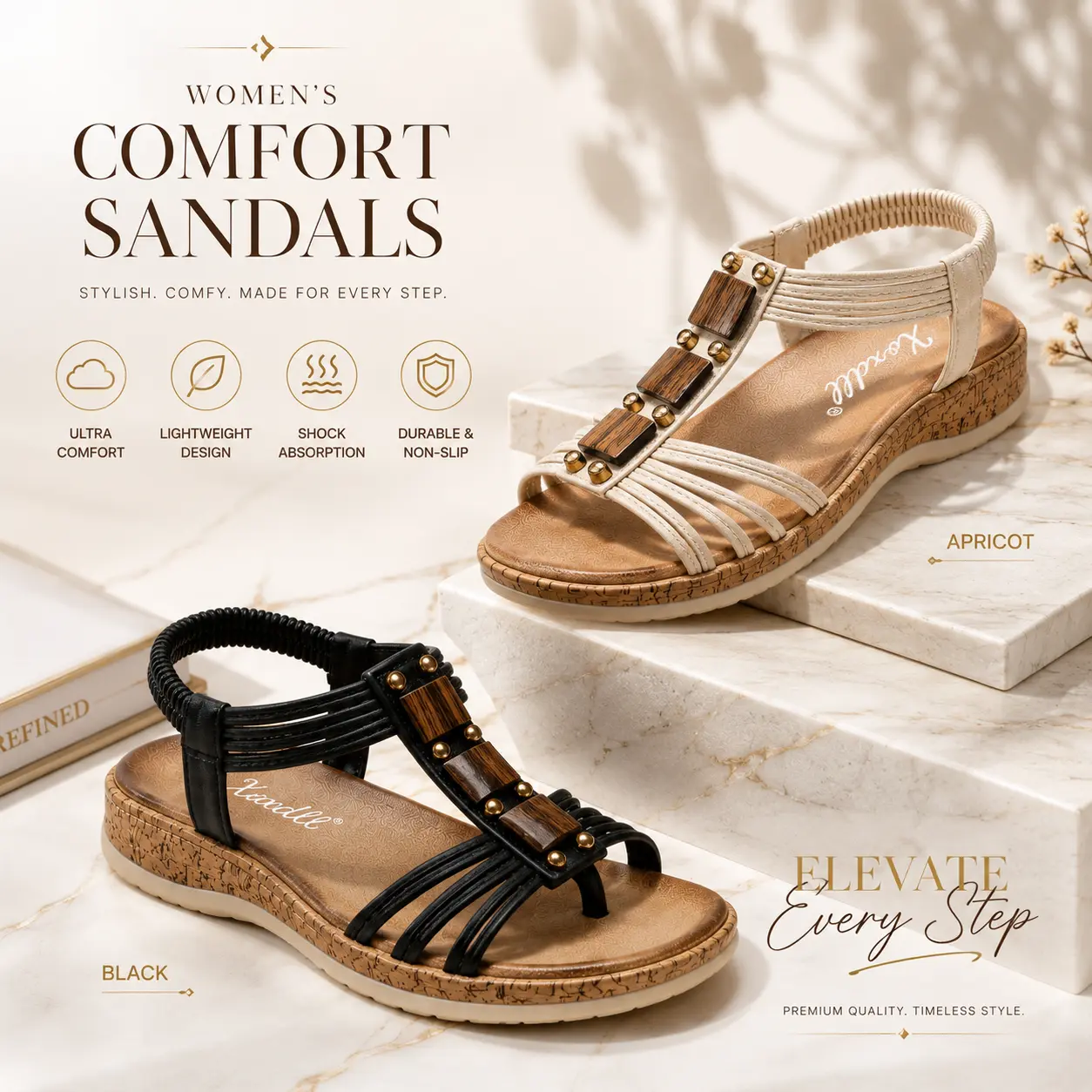 Women's Low Wedge Sandals - Elegant Casual Flexible Boho Design Statement Shoes with Studded Decor, Cushioned Arch Support, Anti-Slip Rubber Sole, Slip-On Soft Fabric, Elastic Strap for Beach Use
