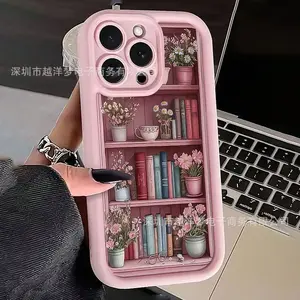 Pink Bookshelf Flower iPhone Case for 12-17 |   Soft TPU Shockproof Bumper |   Trendy Book Design |   Anti-Slip Grip |   Fits iPhone 12/13/14/15/16/17 Pro Max